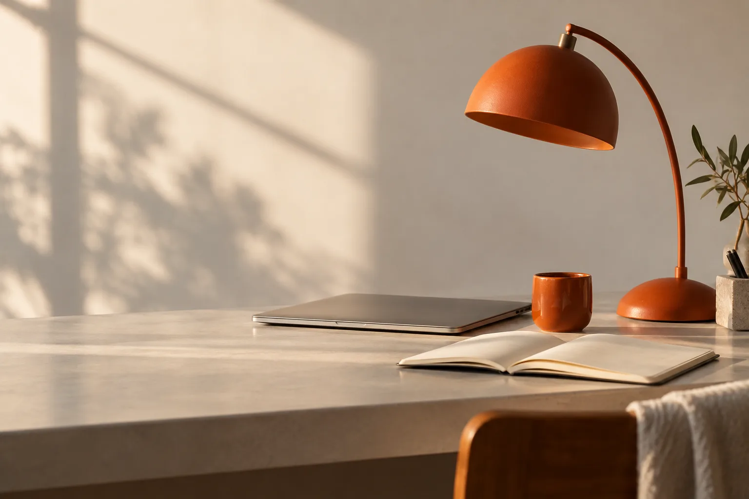 An orange desk lamp beside an open notebook and closed laptop in afternoon light.