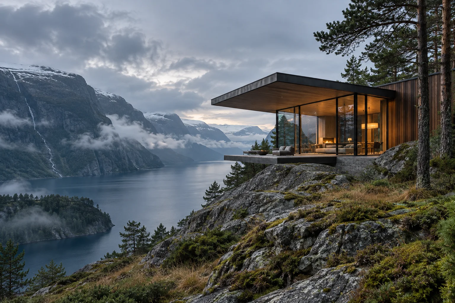 Cedar cabin above a misty fjord, surrounded by rugged rock and pines